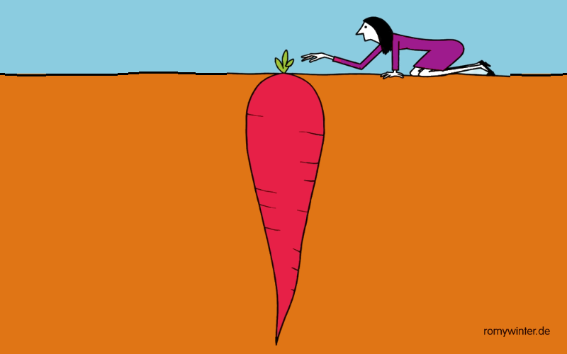 Illustration: Eine Frau kniet auf der Erde und greift nach dem kleinen grünen Kraut einer Möhre. Darunter steckt eine große Wurzel.